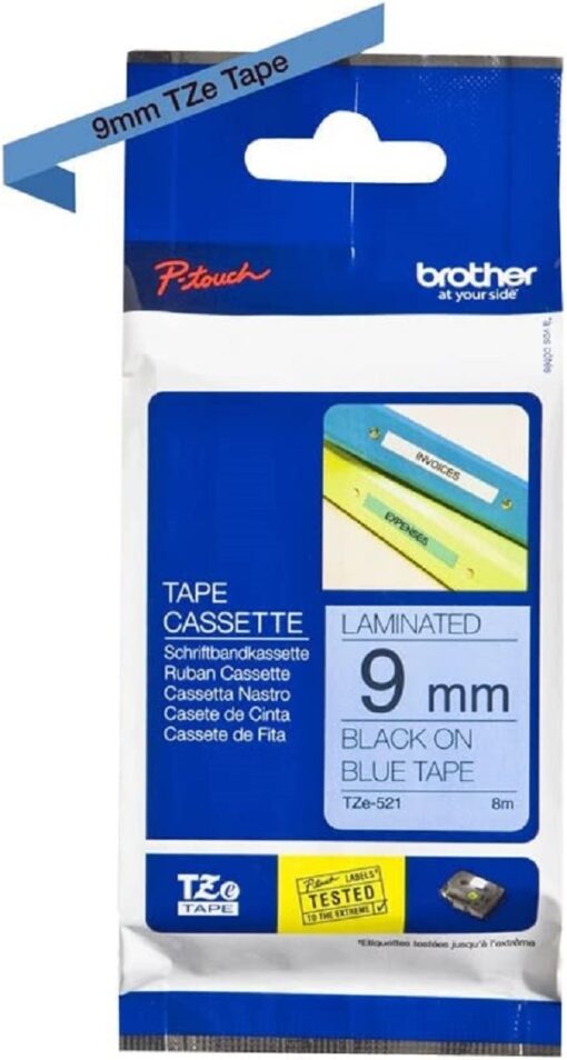 BROTHER TZe-521 Labelling Tape Cassette Black on Blue 9 mm