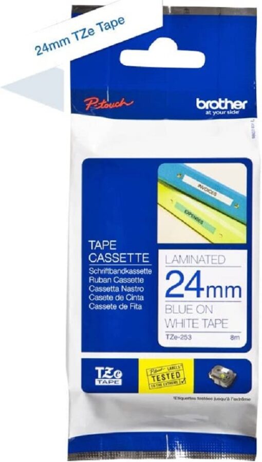 Brother TZe-253 Labelling Tape Cassette Blue on White 24 mm