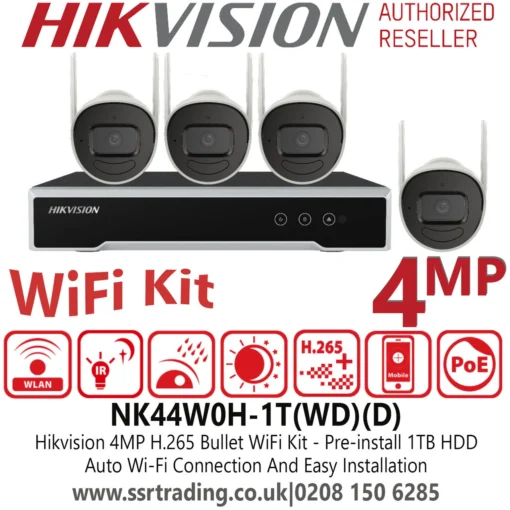Hikvision NK44W0H-1T-WD 4MP WiFI KIT 4 Bullet Cameras + NVR + 1TB HDD