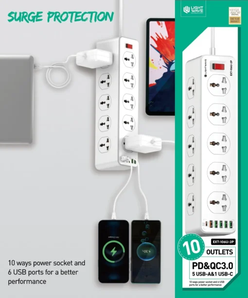 Lightwave LW-EXT-106U-3P 10-socket extension with Surge