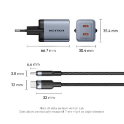 Vention 2-Port USB (C + A) GaN Charger with 1M Cable FEPB0