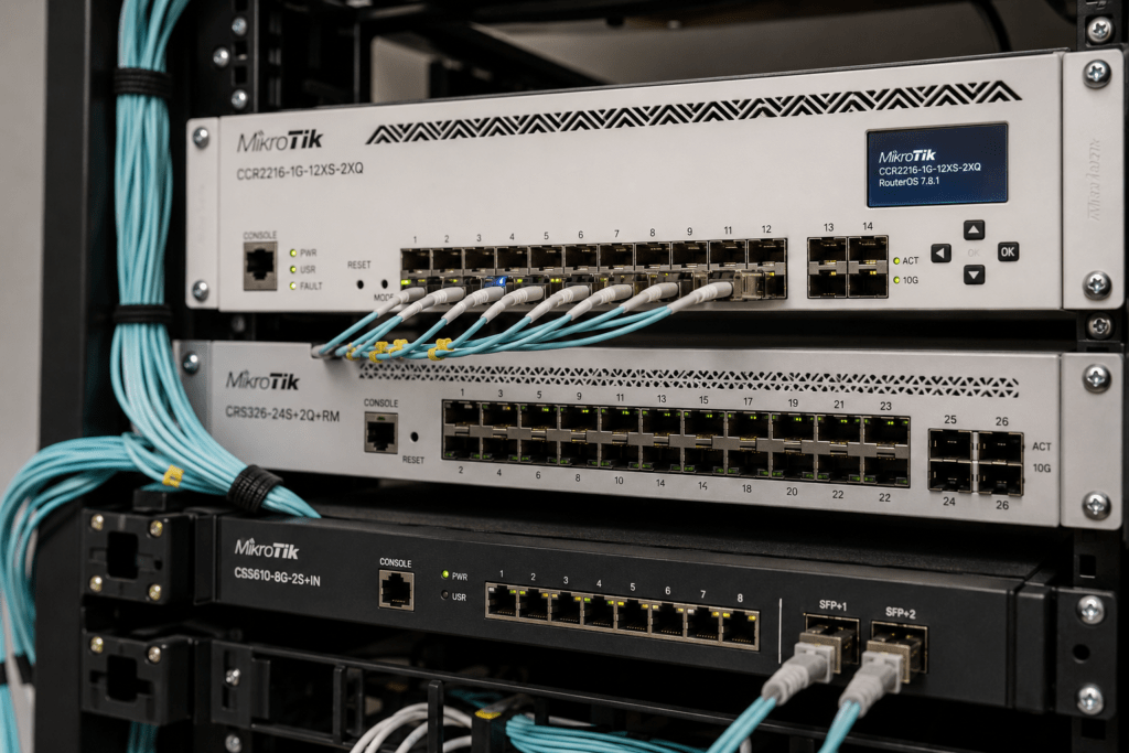 MikroTik fiber and 10G networking solutions with CCR router, CRS switches and SFP+ connectivity