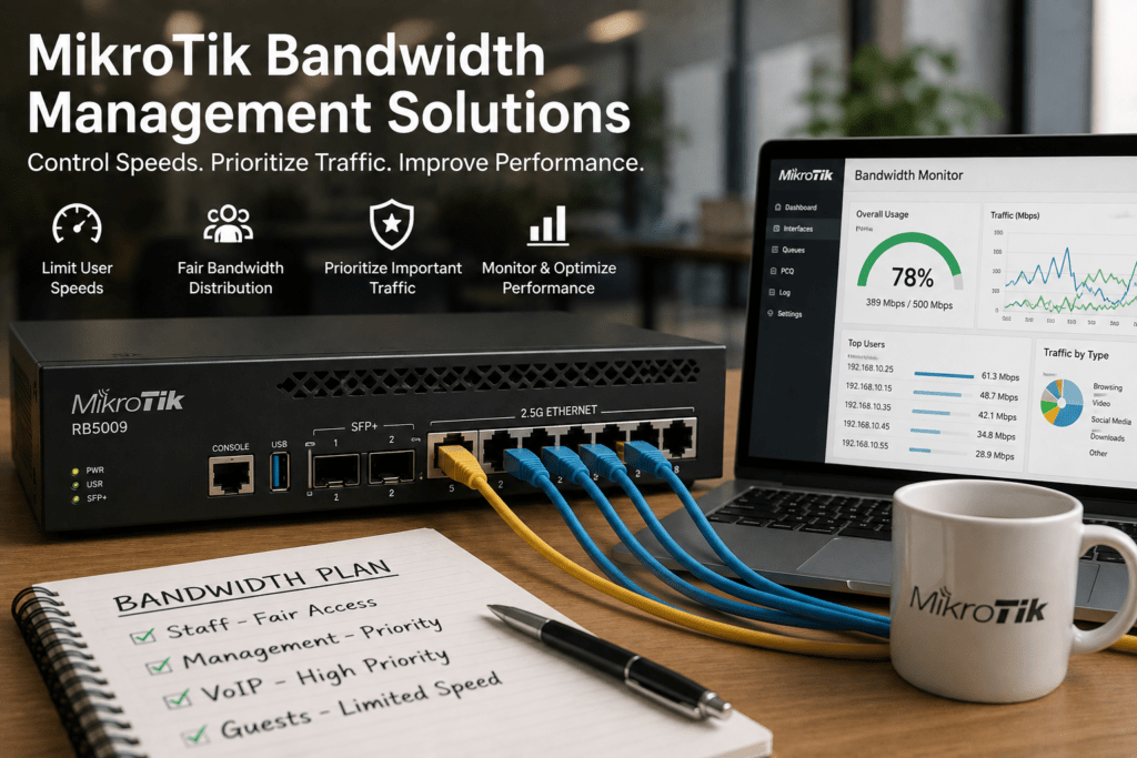 MikroTik bandwidth management solutions with RB5009 router for speed control, traffic prioritization and network monitoring