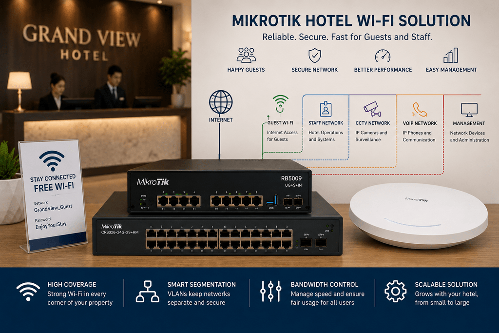 MikroTik hotel Wi-Fi solution with guest network, VLAN segmentation and bandwidth management