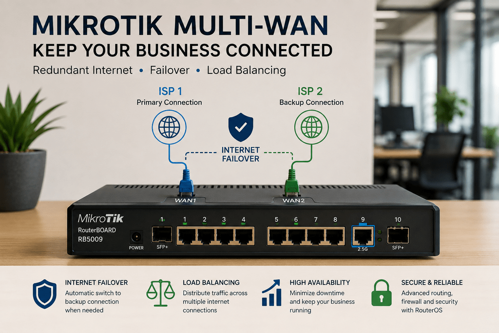 MikroTik Multi-WAN router setup for internet failover and load balancing in a business network