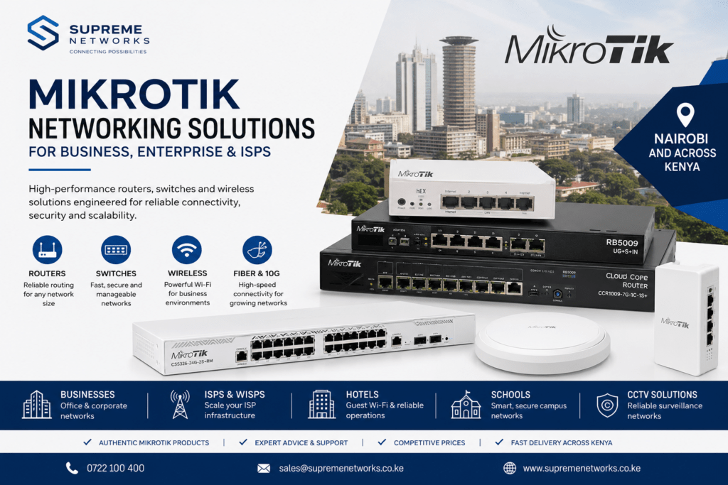 Shop MikroTik routers, switches and wireless solutions from Supreme Networks. MikroTik networking solutions for businesses and ISPs across Kenya.