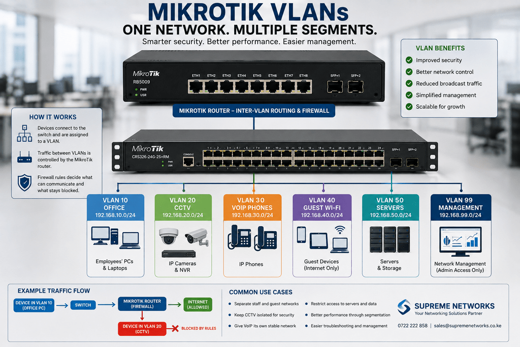 MikroTik VLAN network segmentation with RB5009 router and CRS326 switch for office, CCTV, VoIP, guest Wi-Fi and servers