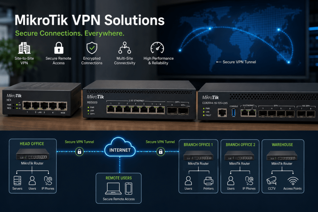 MikroTik VPN solutions connecting head office, branch offices, warehouse and remote users securely