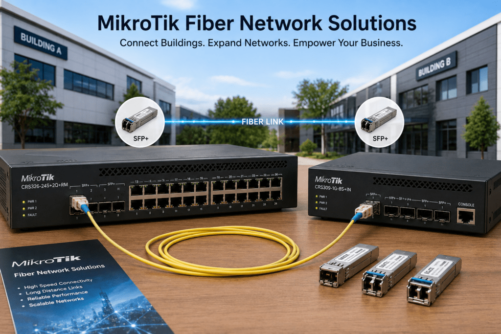 MikroTik fiber network solutions connecting two buildings with CRS switches, SFP+ modules and fiber optic cable