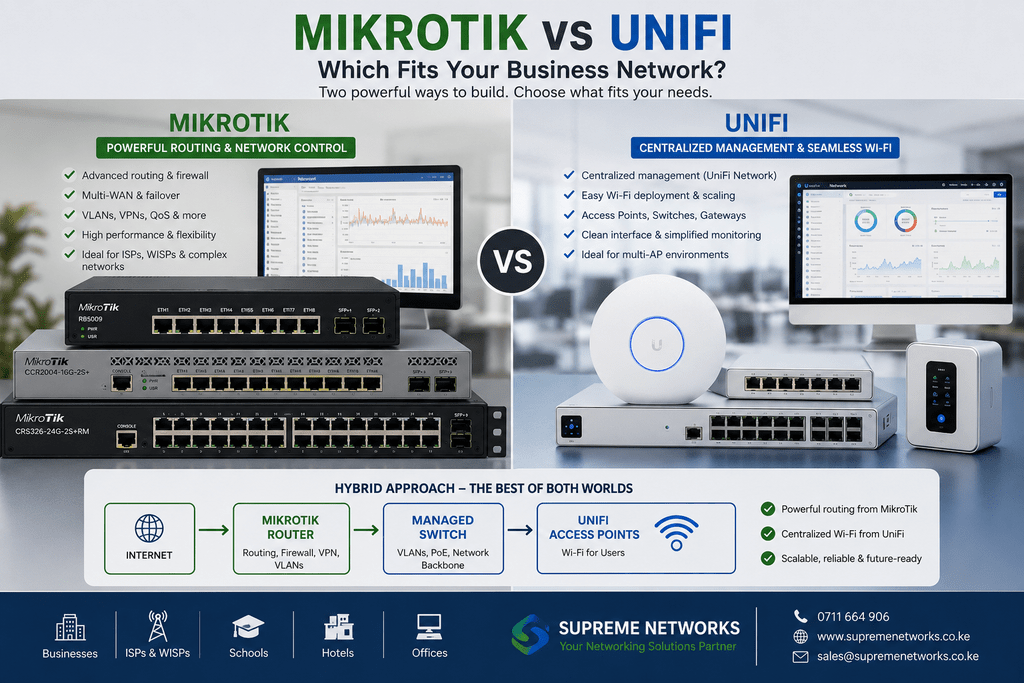 MikroTik vs UniFi business network comparison showing routing, centralized Wi-Fi management and hybrid network setup