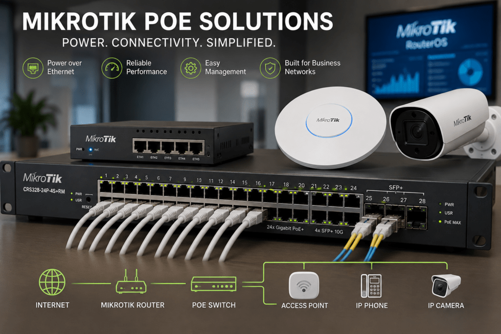 MikroTik PoE solutions with CRS328 switch powering access points, IP phones and cameras