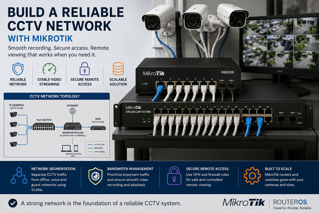 MikroTik CCTV network with RB5009 router, managed switch, IP cameras, VLAN segmentation and secure remote access